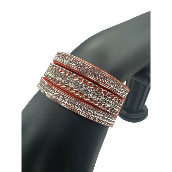 Wide Coral & Silver Chain Suede Wrap Bracelet With Snap Closure - Picture 2 of 6